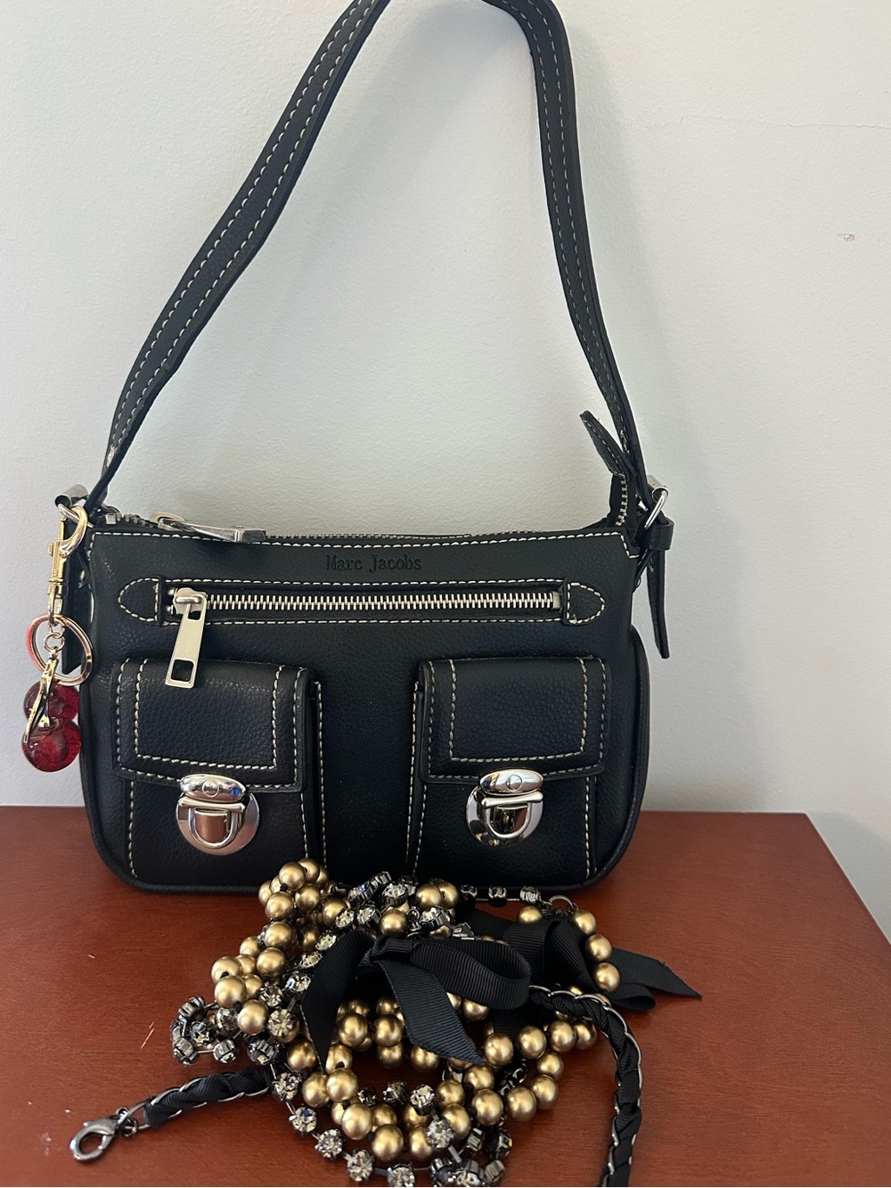 Marc Jacobs Black Leather Shoulder Bag with Silver Hardware and Cherry Charm